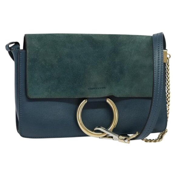 Authentic Chloe Fay Shoulder Bag Suede Leather Turquoise Blue